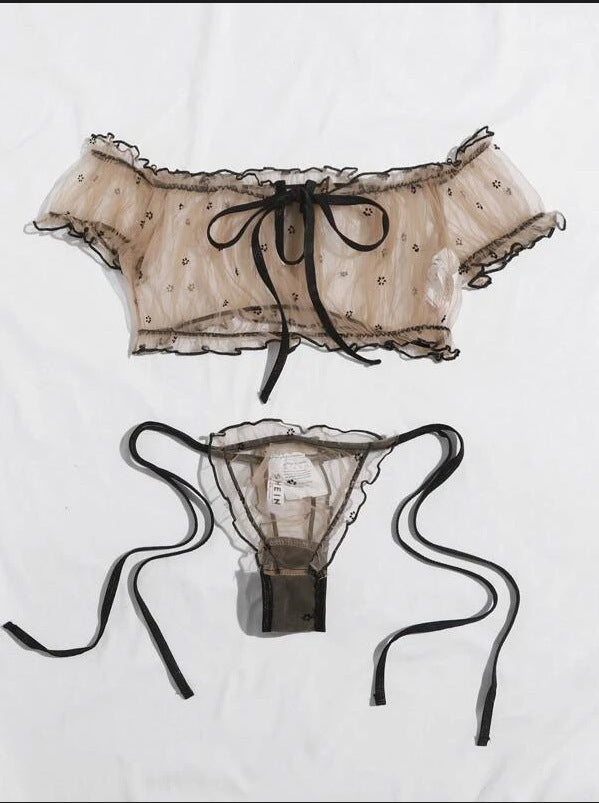 Image of Foreign trade sources European and American new erotic underwear Sexy women's mesh see-through off-the-shoulder bandeau underwear set